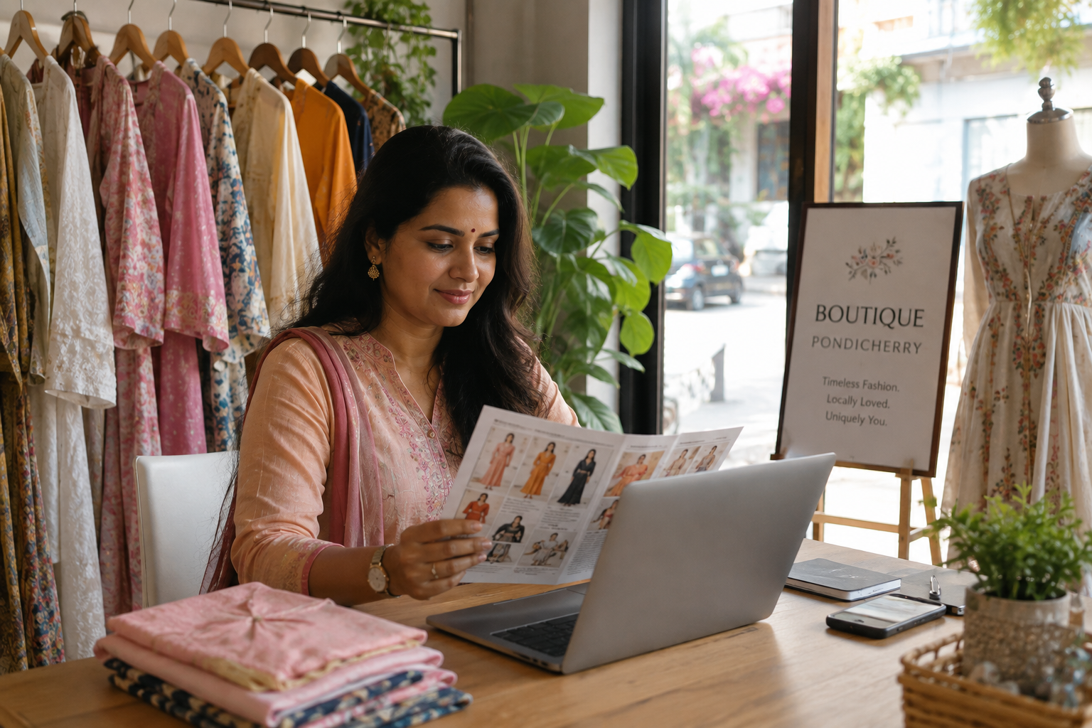 Boutique owner in Pondicherry with product catalogue